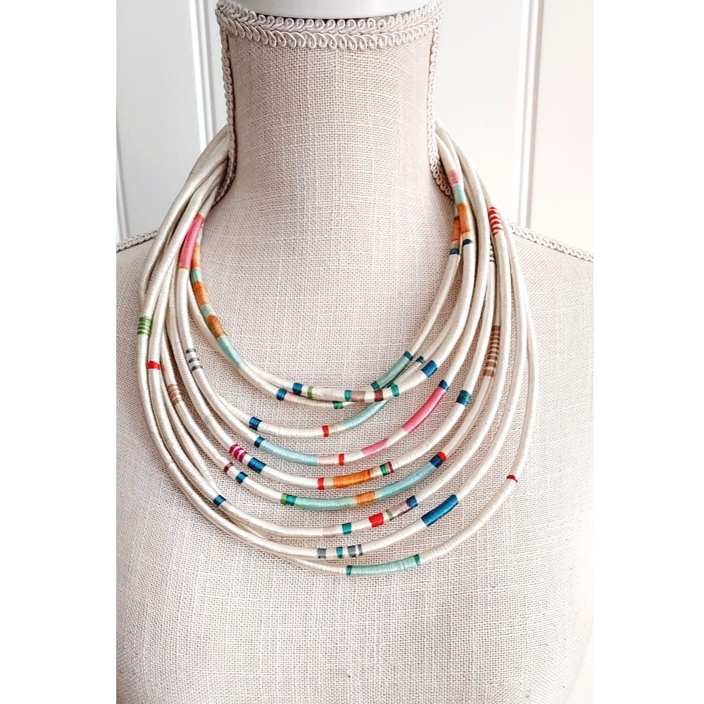 Ethnic Multi Strand Cord Necklace Women OS Cream Multicolor Boho Statement